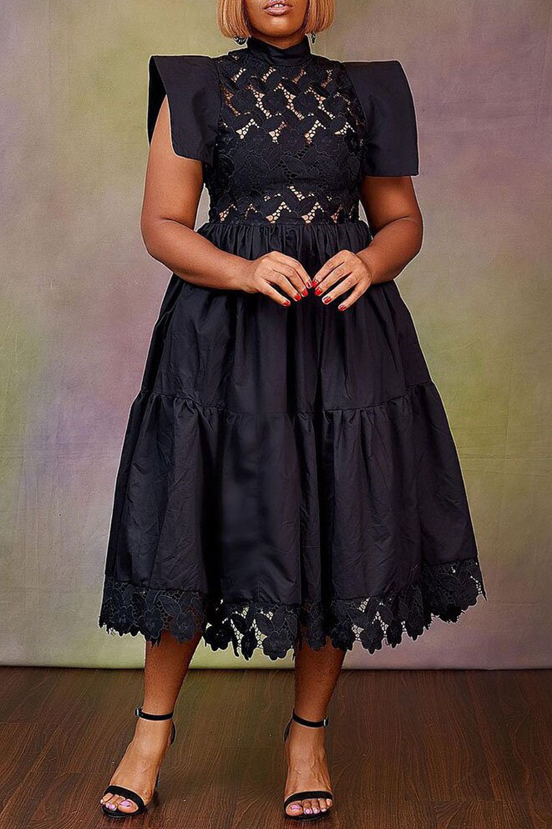 Elegant Solid Flounce Half A Turtleneck Cake Skirt Dresses