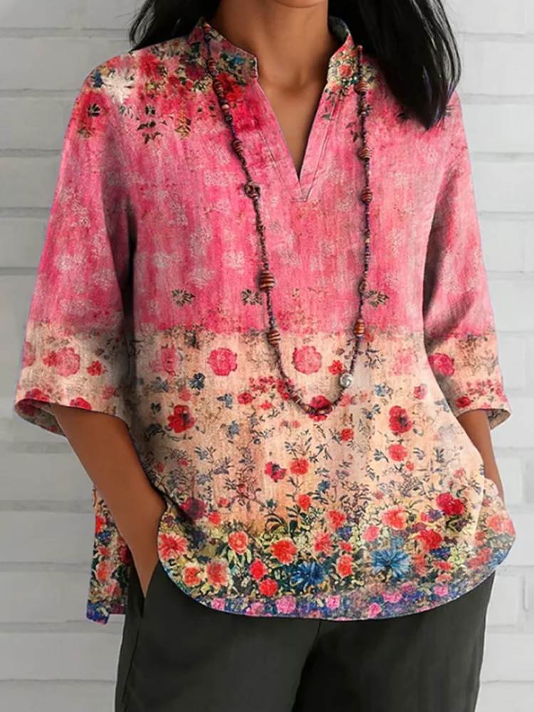 Women's Casual Breast Cancer Awareness Floral Print Cotton And Linen Shirt