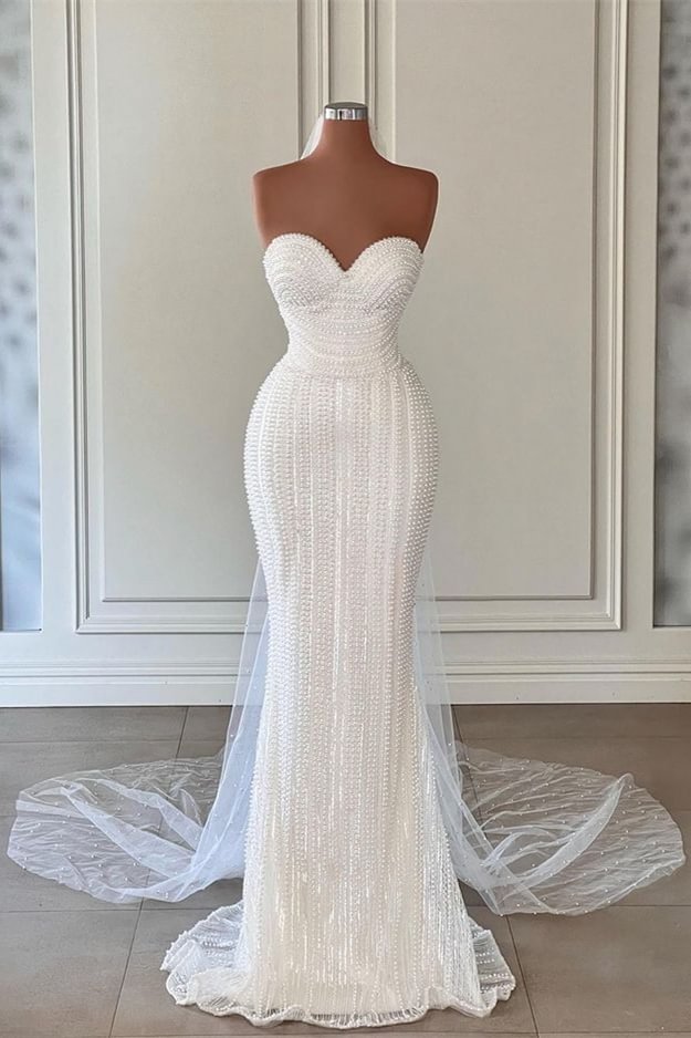 Bellasprom White Sweetheart Wedding Dresses Mermaid Long With Pearls