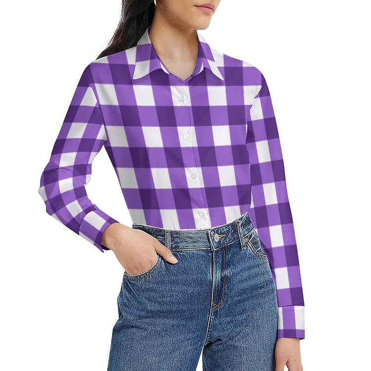 Women S-5XL Navy Blue White Gingham Check Plaid Long Sleeve Button Down Blouses Lady Dressy Casual Office Tops - Heather Prints Shirts