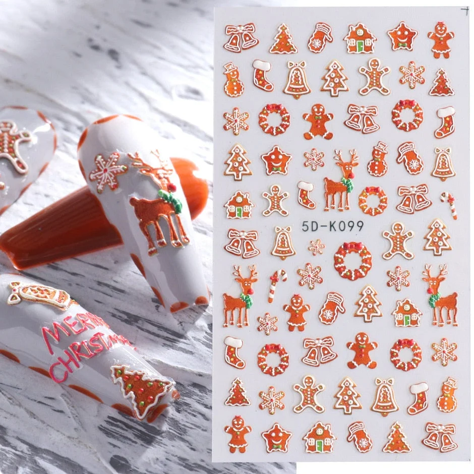 Nail Stickers Embossed 5D Color Christmas Snowflake Snowman Bird Gift Decals Decoration Tips For Beauty Salons-Nail Inspo