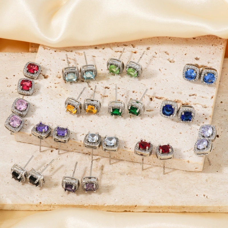 1 Pair Casual Minimalist Square Inlay Copper Zircon Silver Plated Ear Studs