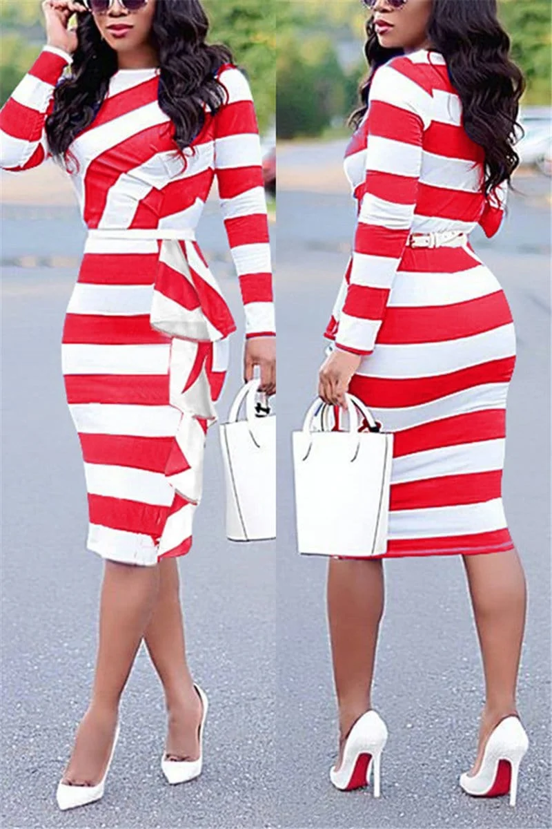 Fashion Stripe Print Long-Sleeved Ruffle Dress