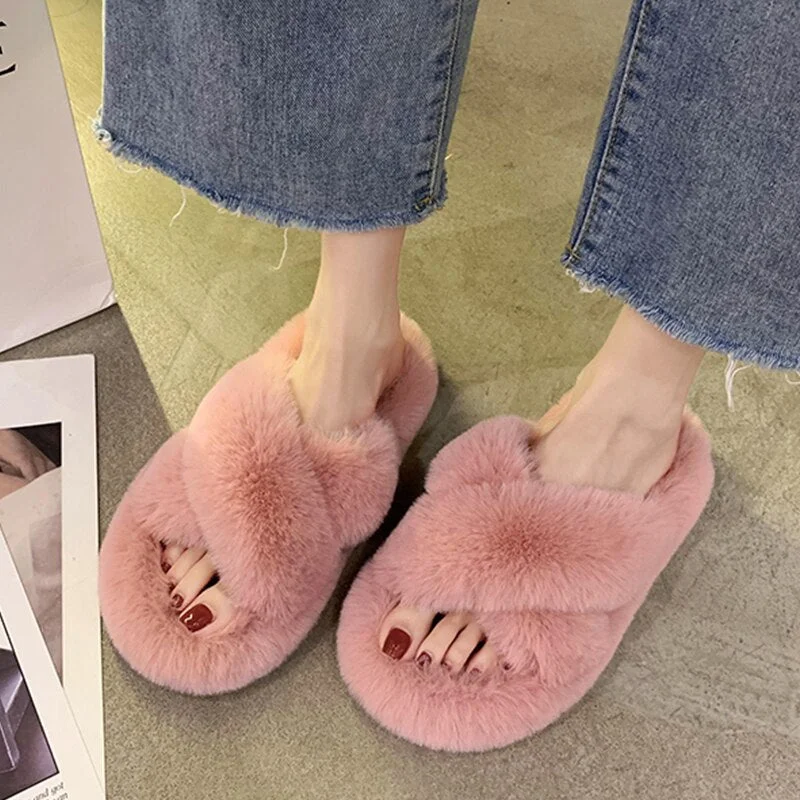 Winter Women Cross House Furry Slippers Fashion Faux Fur Warm Shoes Women Slip on Flats Female Home Open Toe Pink Plush Slippers