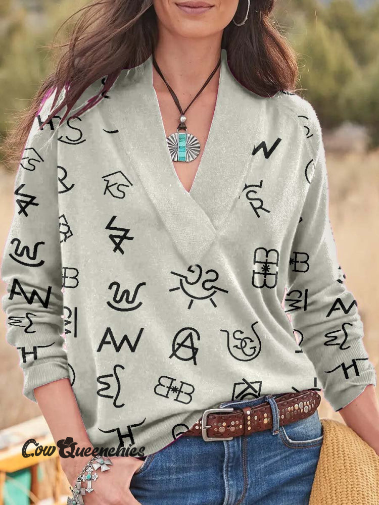 Western Cattle Brands Print Knit V-Neck Pullover Sweater Beige / S