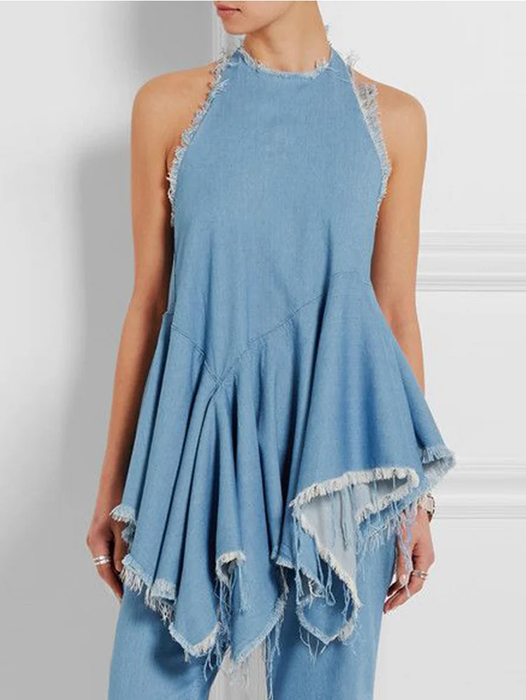 Ursime Fashion Plain Jagged Hem Denim Halter Top