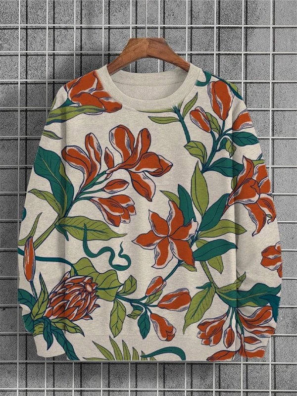 Men's Floral Leaves Print Round Neck Casual Sweatshirt