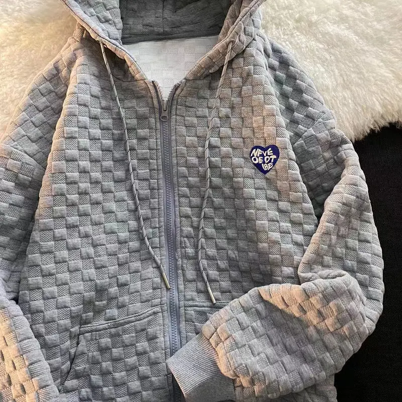 Uveng Uveng Early Autumn New Hoodie Female Loose Waffle Korean Version Of Versatile Design Sense Long Sleeve Cardigan Coat