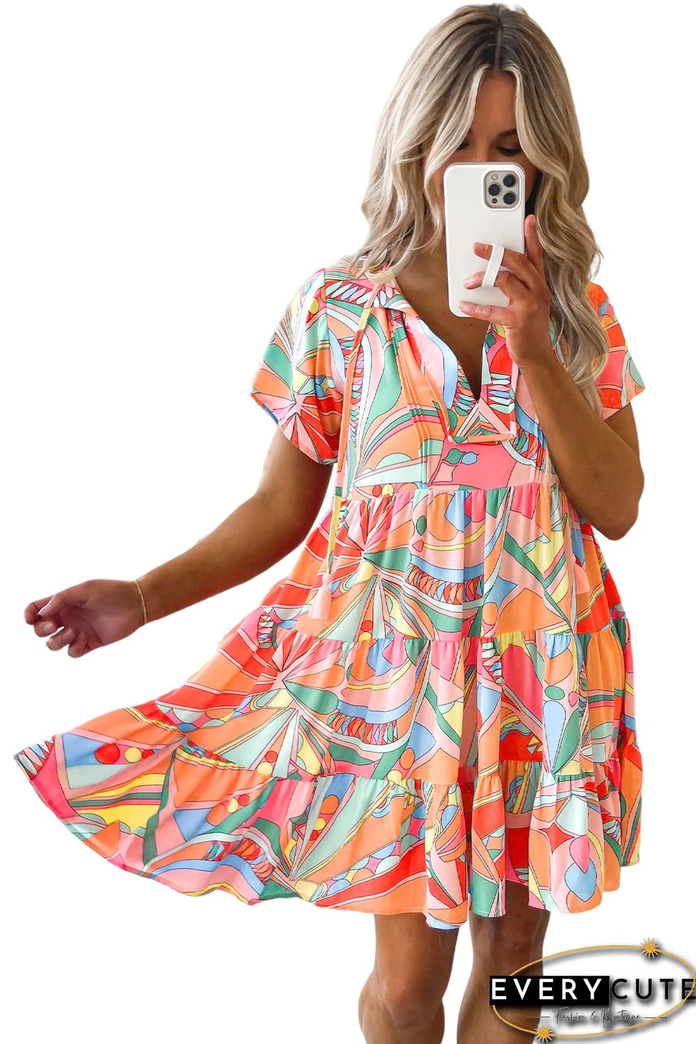 Multicolor Abstract Geometric Print Tassel Tie Flared Dress