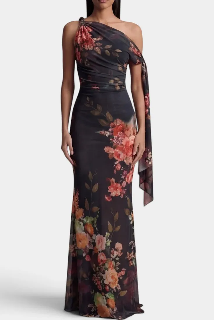 Asymmetrical Floral Sheath Maxi Dress with Draped One-Shoulder Detail