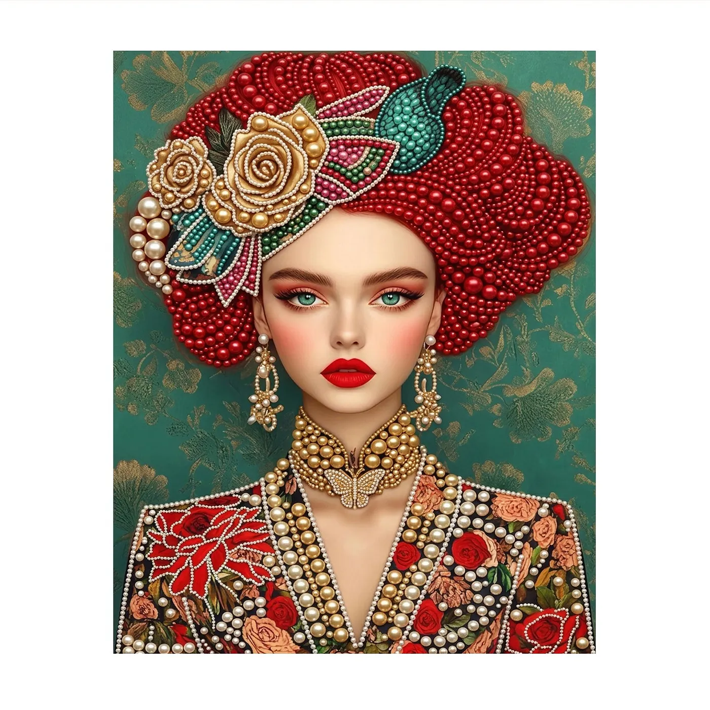 Gold Rose Red Hair Woman - Pearls Painting