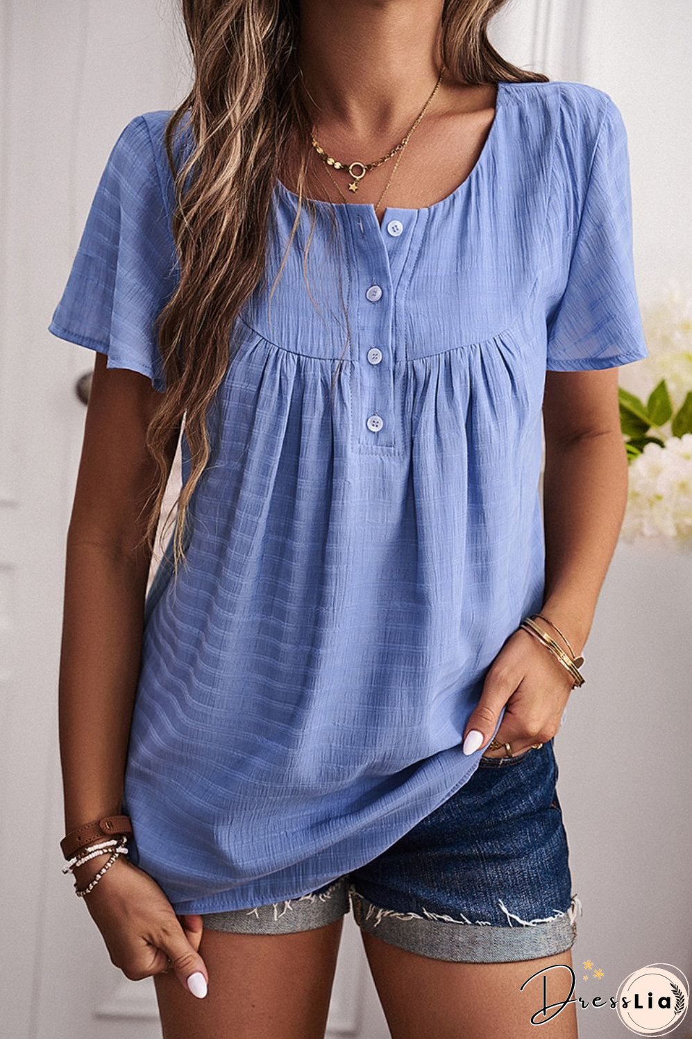 Quarter-Button Round Neck Short Sleeve Top