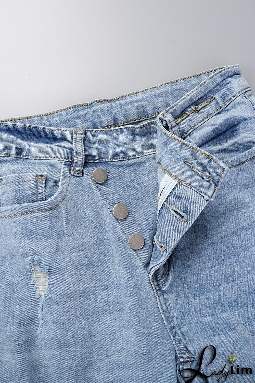 Light Blue Street Solid Ripped Patchwork High Waist Denim Jeans