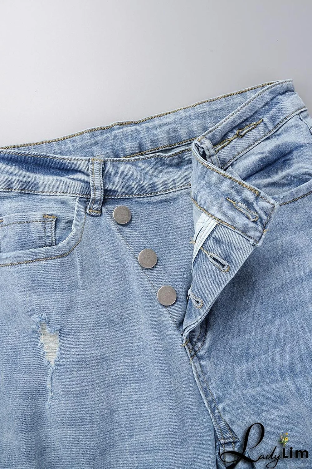 Light Blue Street Solid Ripped Patchwork High Waist Denim Jeans