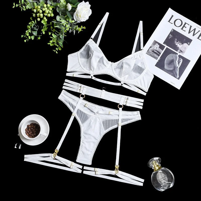 MIRABELLE Sensual Lingerie Sexy Transparent Lace Patchwork Erotic Underwear Set Sensual Garters Short Skin Care Kits Exotic Set