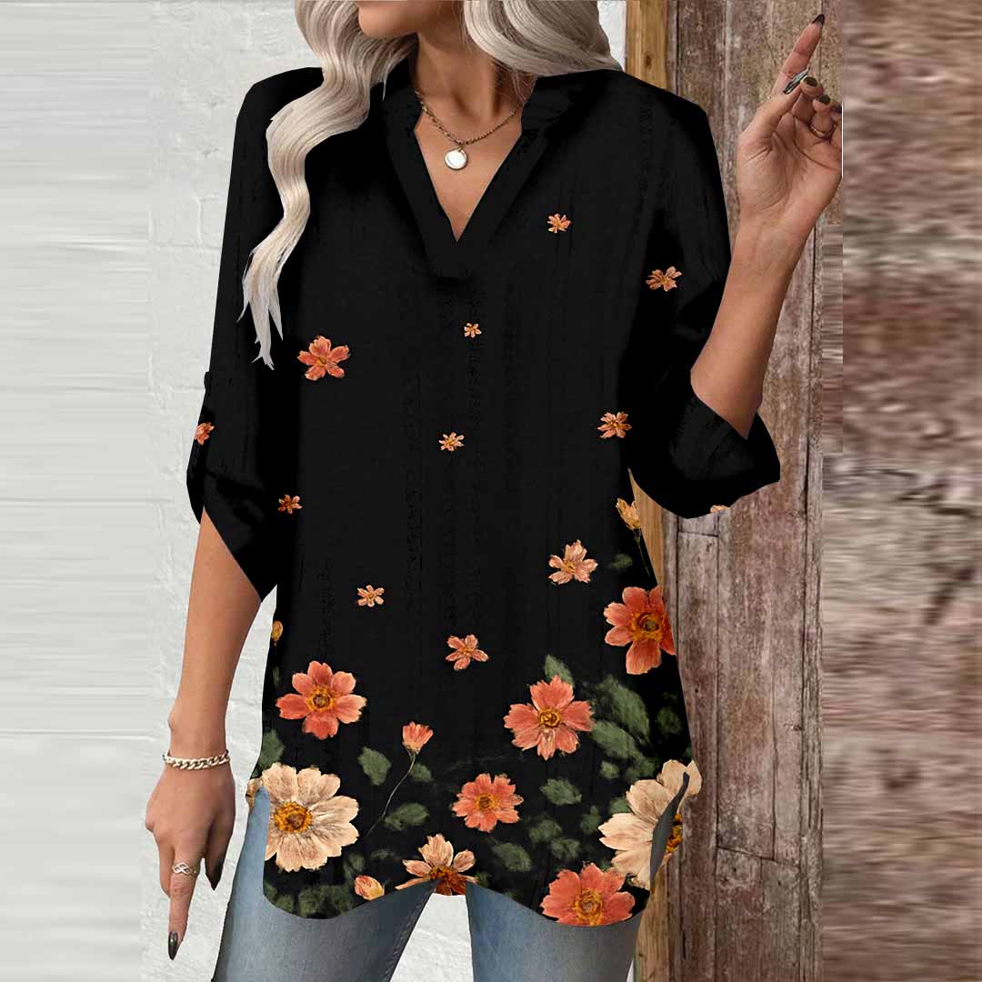 Women Floral, Black DZGA0057 3/4 Sleeve V-neck Printed Graphic Button Tops