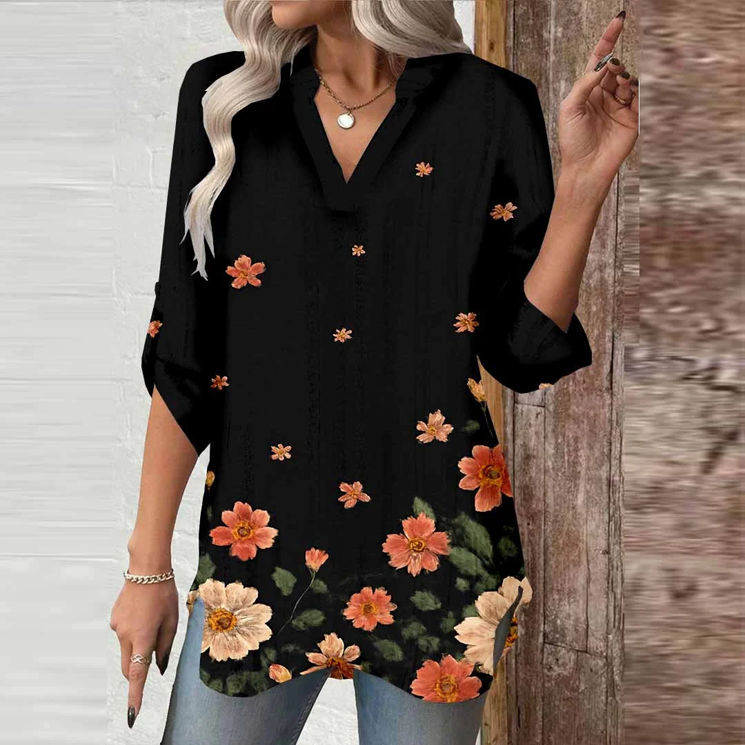Women Floral, Black DZGA0057 3/4 Sleeve V-neck Printed Graphic Button Tops