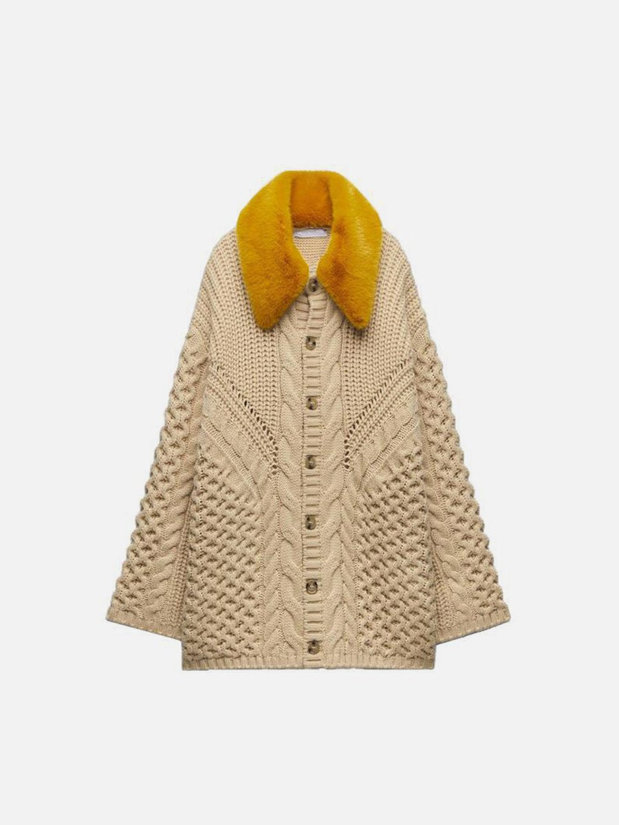 Fur Collar Textured Knit Cardigan
