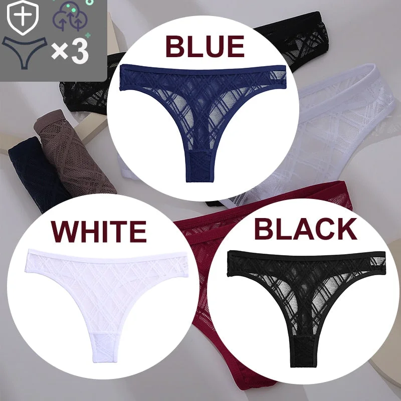 FINETOO 3PCS/Set Sexy Floral Transparent Women Thongs G-string Lingerie Lace Panties Low-Waist Femme Girls Briefs Mesh Pantys