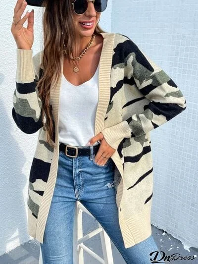 Camouflaged Dropped Shoulder Open Front Cardigan