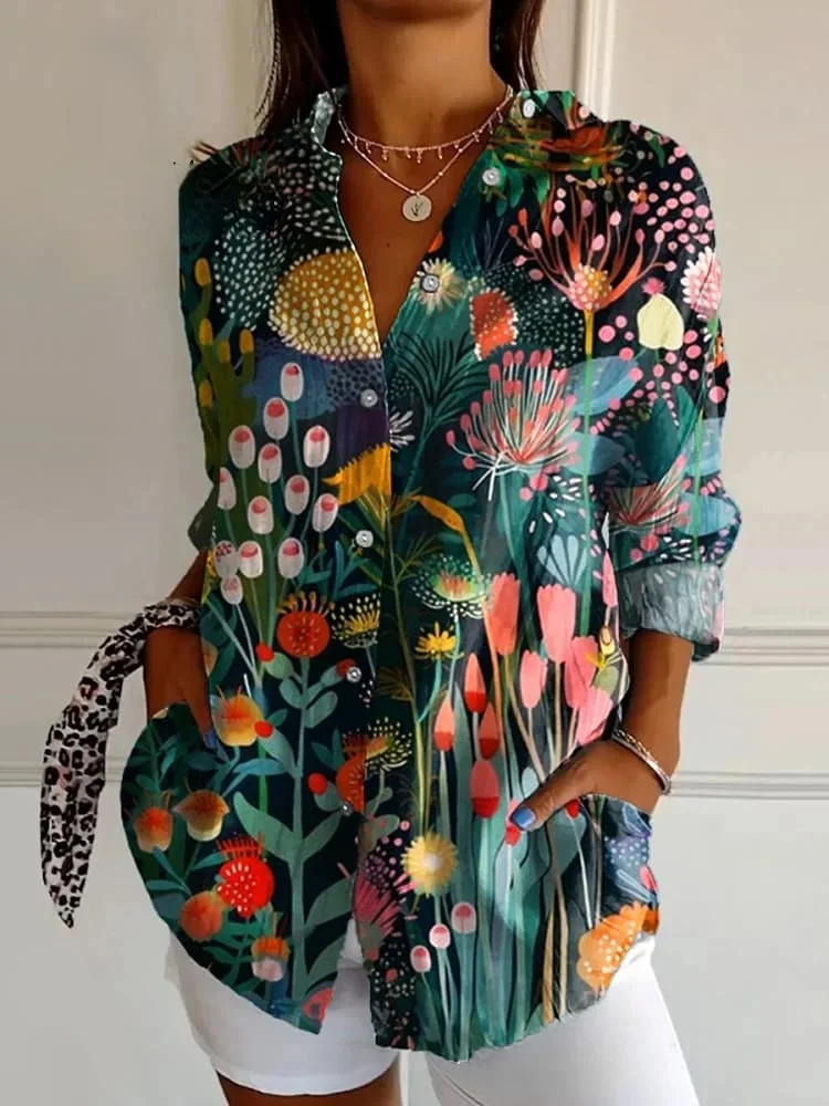 Women's  Japanese Art Print  Casual Cotton Shirt