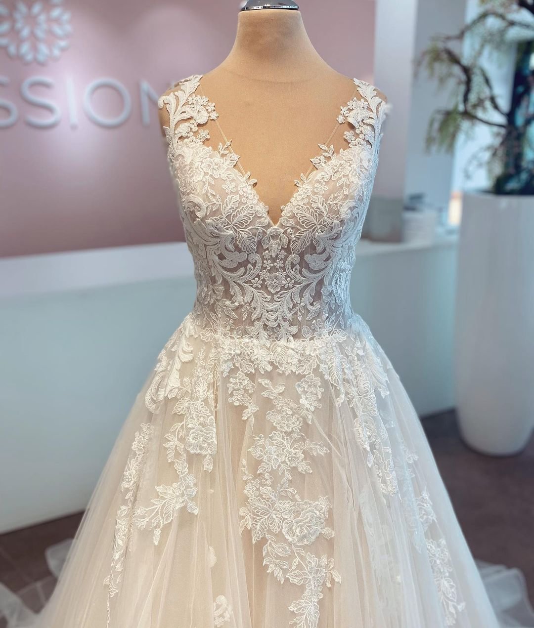 Long A-line V-neck Tulle Sleeveless Wedding Dress With Lace