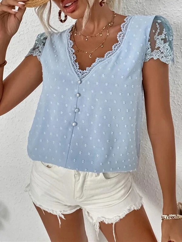 Solid Color Lacy Jacquard Loose Cap Sleeve V-neck Blouses&shirts Tops