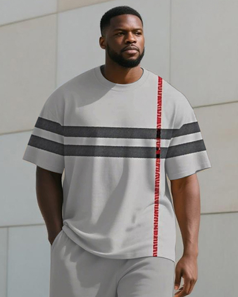 Men's Plus Size Grey Colorblock Striped Alphabet Print T-Shirt Trousers Suit