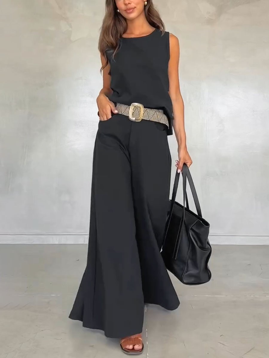 Casual sleeveless black two piece set