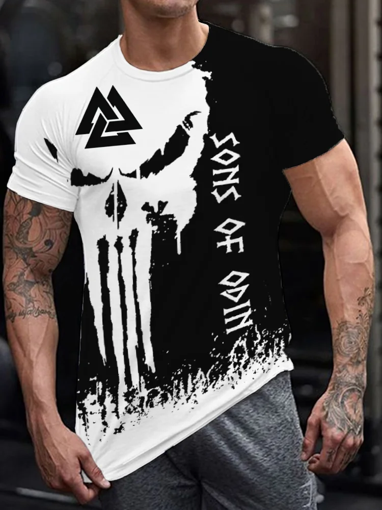 BrosWear Men's Viking Symbol Valknut & Skull Short Sleeve T Shirt
