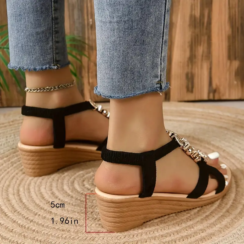 women s summer casual beach sandals with adjustable straps & accents - open-toe thick cushioned rubber sole, breathable fabric upper for poolside, shopping, - black, poolside footwear | decorative | durable traction sole details 3