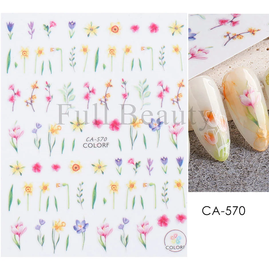 Churchf Nail Stickers Flowers Geometric Lines Decor Acrylic Embossed Sliders Gold Frame Nail Decals Cherry Blossom Manicure GLJI-5D05-Nail Inspo