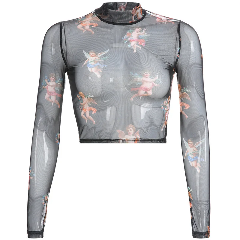 Uveng Uveng Women's Cheruel Print Gauze Short Long Sleeve T-Shirt Top Four-Leaf Clover Print Top
