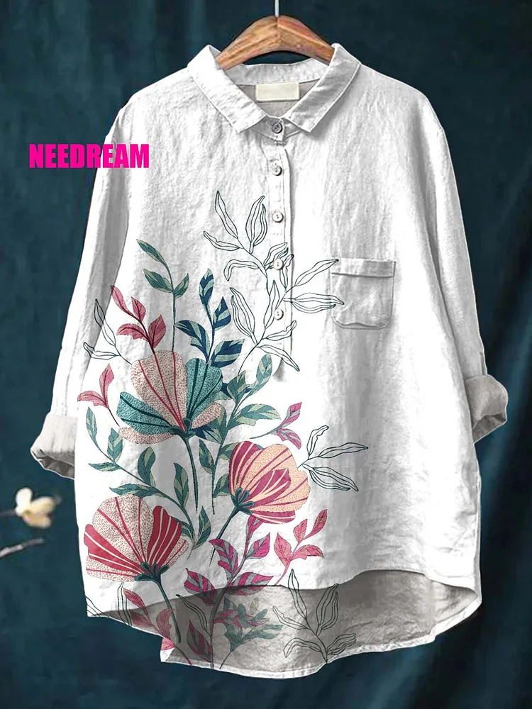 Womens Vintage Flowers Pattern Casual Cotton And Linen Shirt