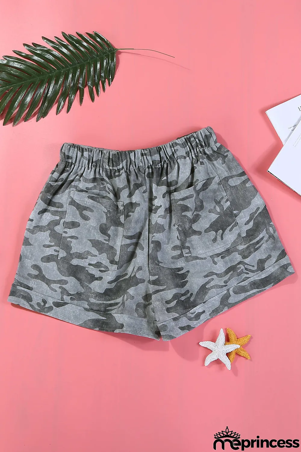 Camouflage Print Drawstring Casual Elastic Waist Pocketed Shorts