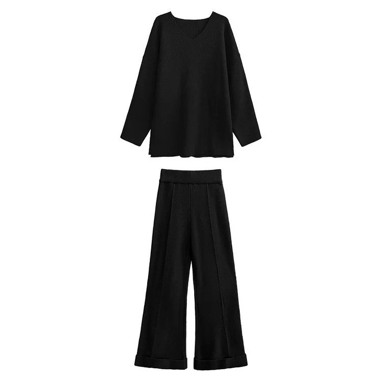 Casual Solid Color Knit Sweater Wide Leg Pants Suits