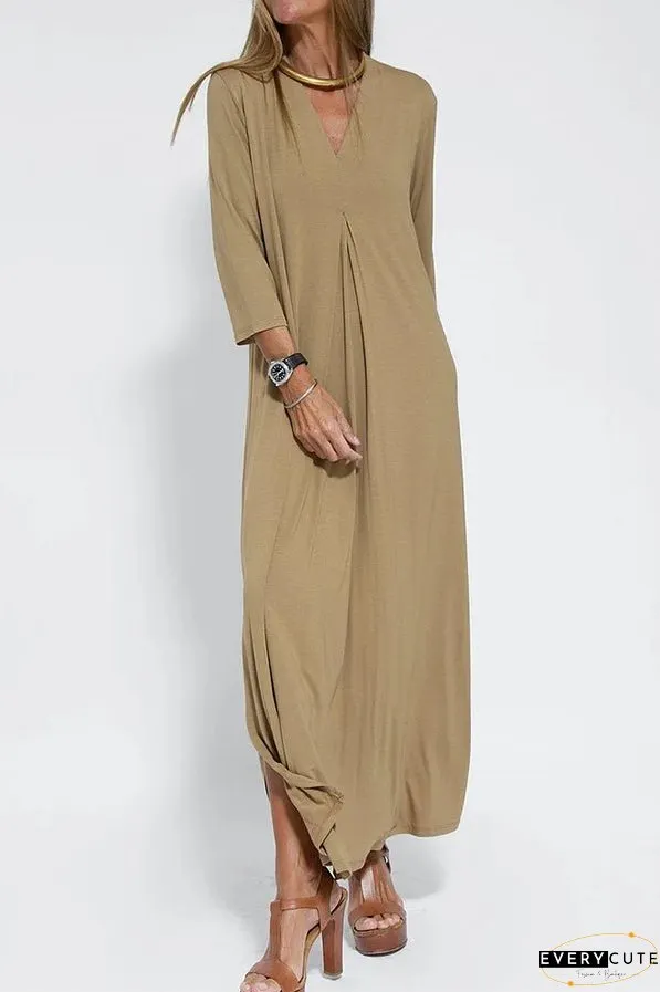 Women Casual V Neck Solid Color Maxi Dress
