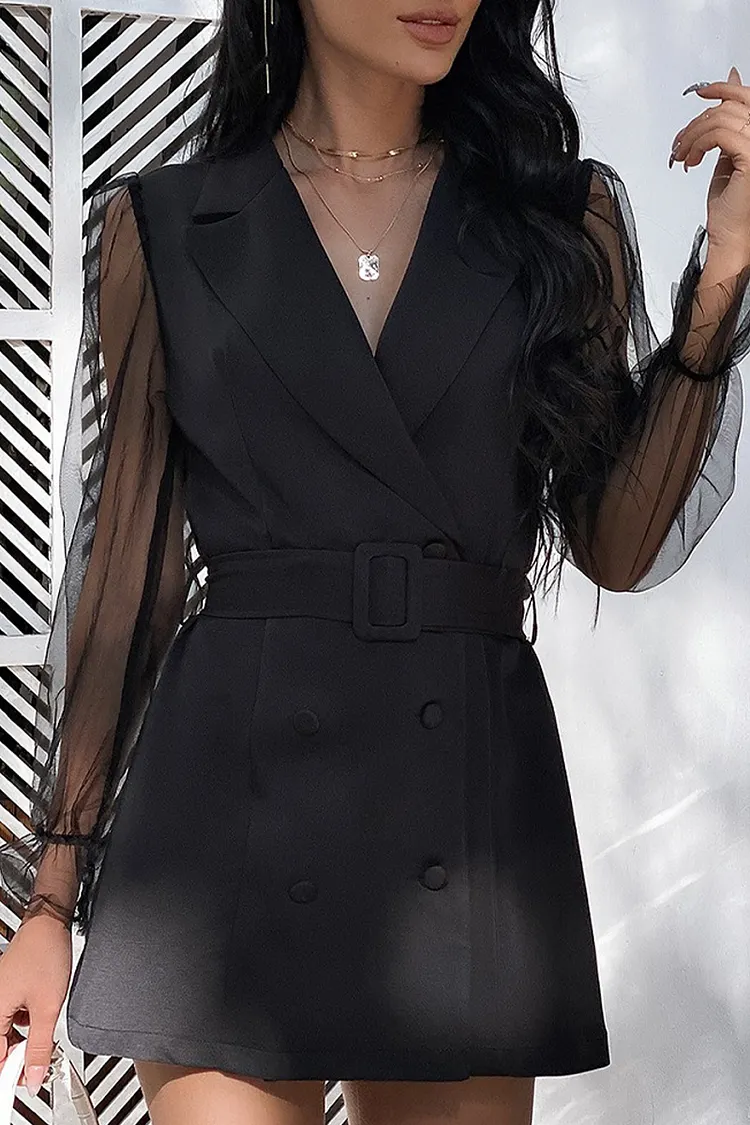 Fashion Elegant Solid See-through Turndown Collar A Line Dresses(4 colors)