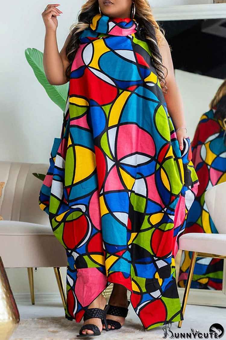 Multicolor Fashion Casual Print Asymmetrical Turtleneck Sleeveless Dress Plus Size Dresses