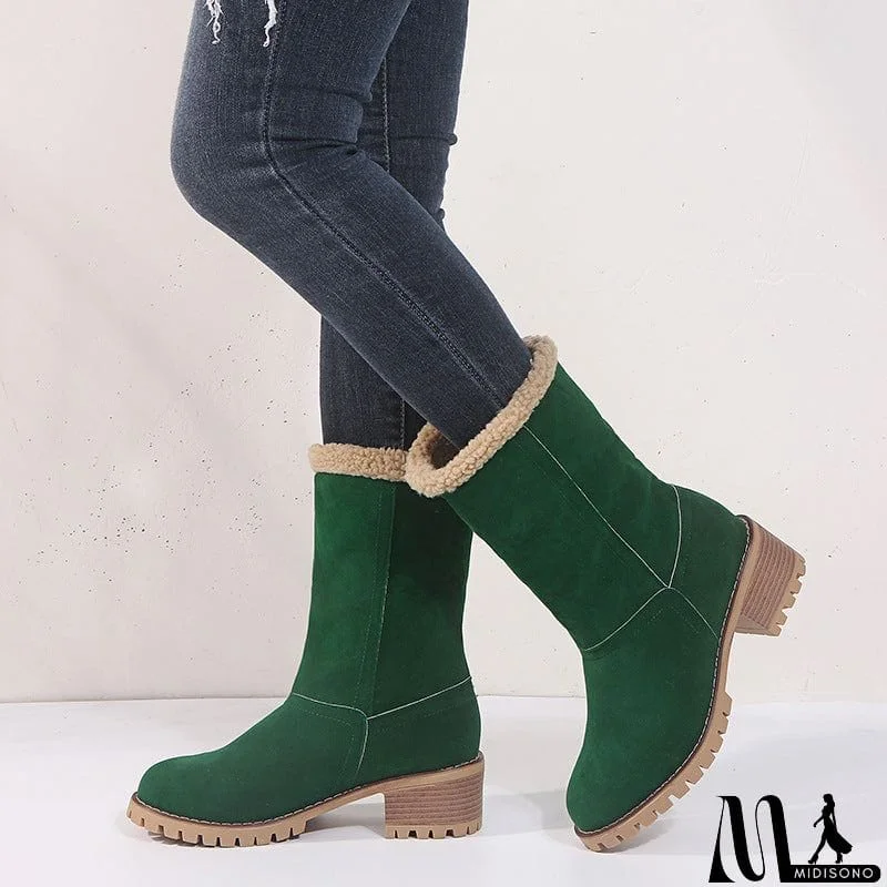 MidiSono - Warm Fur Lining Square Chunky Heel Suede Snow Boots for Women