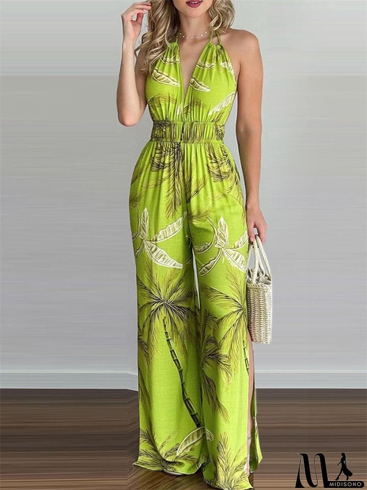 MidiSono - Women's Sexy Backless Digital Print Halter Side Slit Jumpsuit