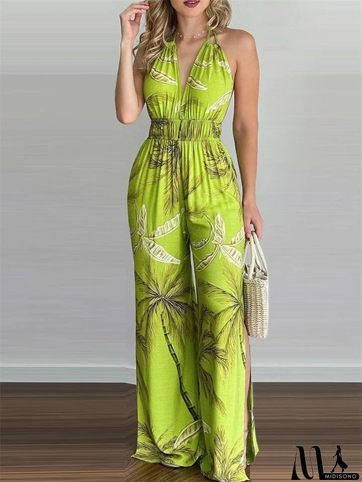 MidiSono - Women's Sexy Backless Digital Print Halter Side Slit Jumpsuit