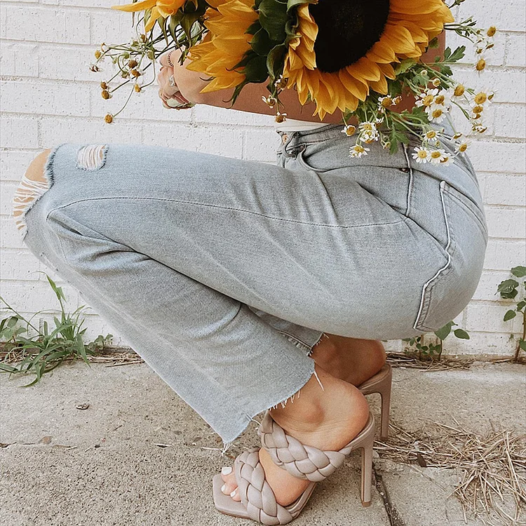 Grey Braided Strap Stiletto Heels Square Toe Mules Sandals |FSJ Shoes