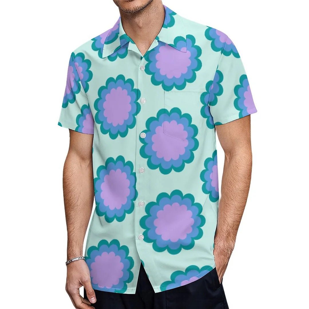 Blue Green Purple Flower Retro Pop Floral Hawaiian Shirt Mens Button Down Plus Size Tropical Hawaii Beach Shirts
