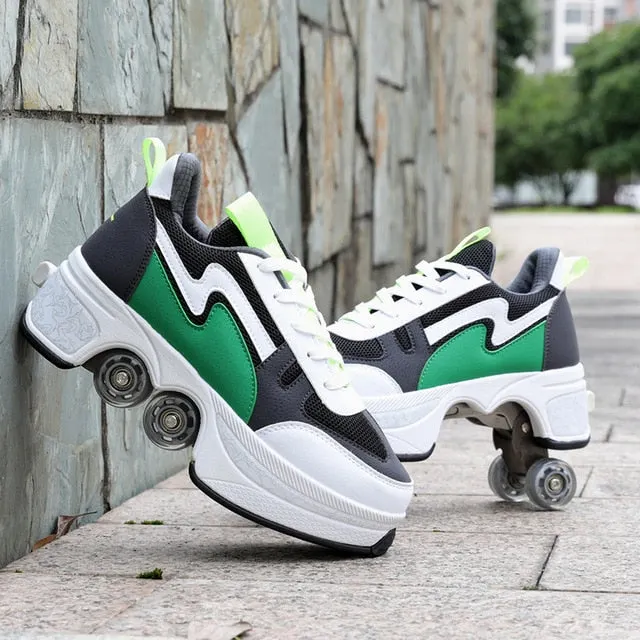 Deformation Double Row Double-Wheel Shoes Automatic Four Wheeled Dual-Purpose Roller Skates for Men Women Child Casual Sneakers