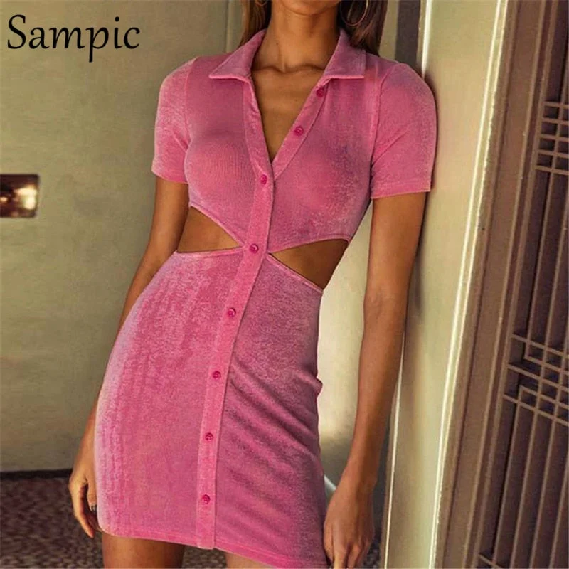 Sampic Fashion Women Turn Dow Collar Bodycon Short Sleeve Mini Blouse Dress Summer Party 2021 Cut Out Wrap Club Black Dresses