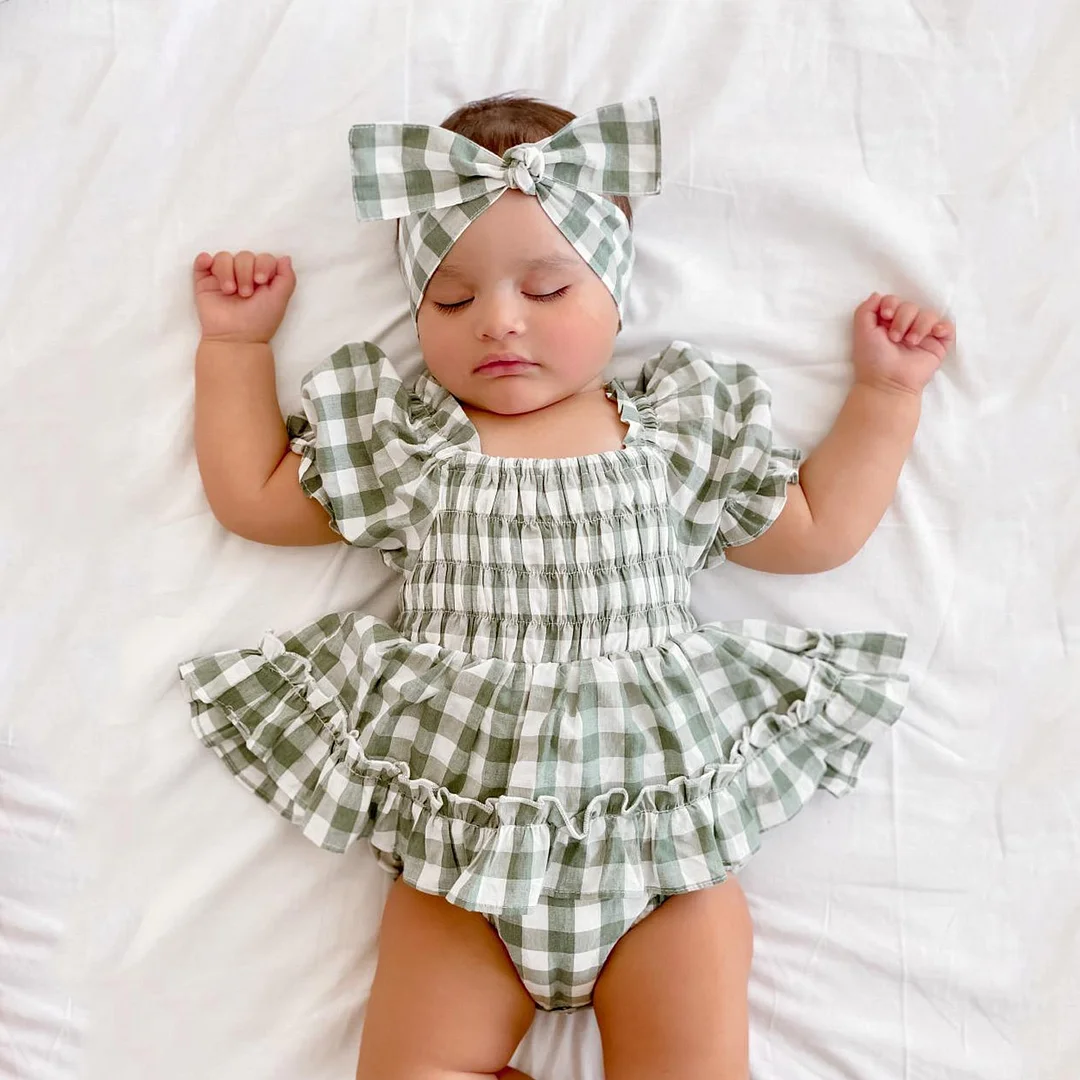 2PCS Lovely Green Plaid Printed Baby Romper