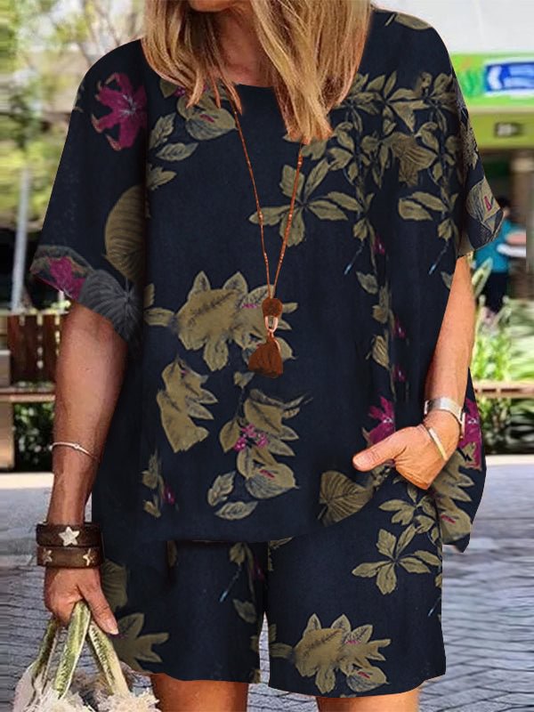 Leaves Print Short-sleeve Top And Shorts Set
