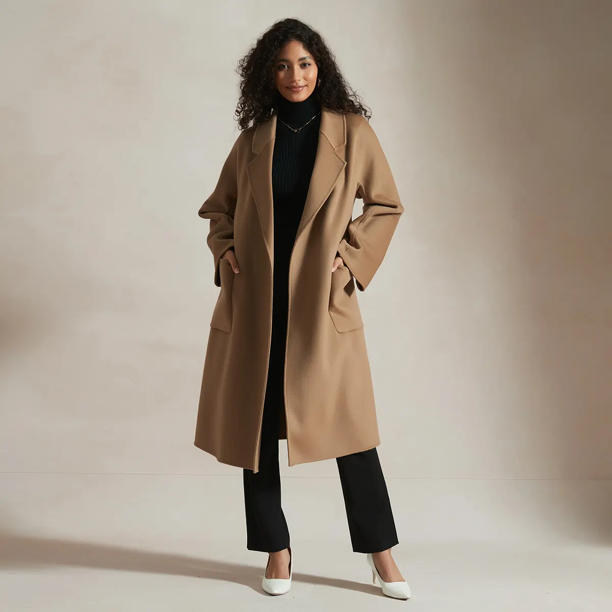 Classic Collection Women's Belted Wrap Wool Coat-Camel REAL SILK LIFE