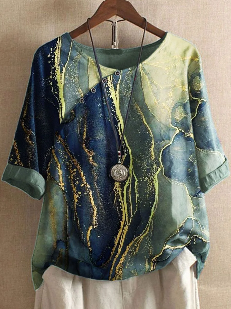 Ladies Printed Round Neck Short Sleeves with Slash Neck Top T-Shirt